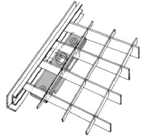 Eine technische Zeichnung eines Konstruktionsdetails, die eine gitterartige Stahlbewehrungsstruktur mit sich kreuzenden horizontalen und vertikalen Stäben zeigt. Am Gitter ist eine Verbindungs- oder Befestigungsvorrichtung angebracht, einschließlich einer vorläufigen Struktur auf der linken Seite.