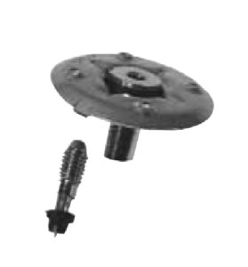 Ein Schwarzweißbild einer kleinen mechanischen Komponente, bestehend aus einer runden Scheibe mit einem zentralen hervorstehenden zylindrischen Stück und einer separaten, kleineren schraubenähnlichen Komponente mit einer spiralförmigen Rille und einer spitzen Spitze.