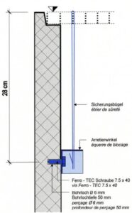 Eine Anleitung mit Montageanleitung für eine Sicherheitshalterung mit Maßangaben. Sie enthält Angaben zu den Schrauben- und Bohrmaßen sowie Beschriftungen in Deutsch und Französisch. Die Gesamthöhe der Montage beträgt 28 cm.