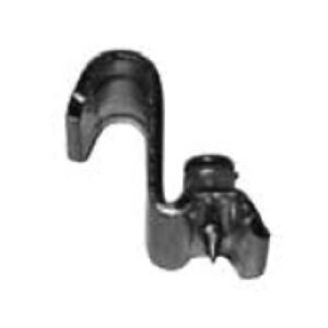 Eine schwarze Metallklammer mit hakenartigem Design und Schraubelement. Die Klammer hat eine gebogene Oberseite und eine spitze Spitze und wird wahrscheinlich zum Festhalten von Objekten verwendet.